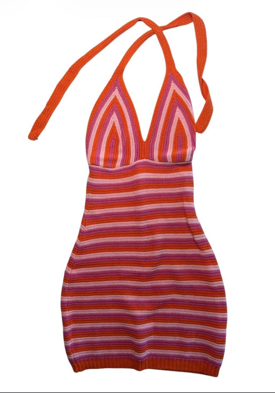 Stitch & Pine Pink Orange Striped Halter Knit Mini Dress XS